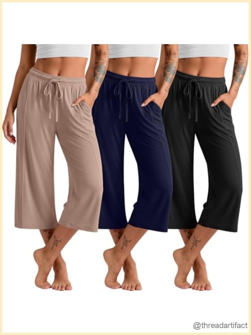 3 Pack Women's Wide Leg Capri Pants with Pockets Yoga Lounge